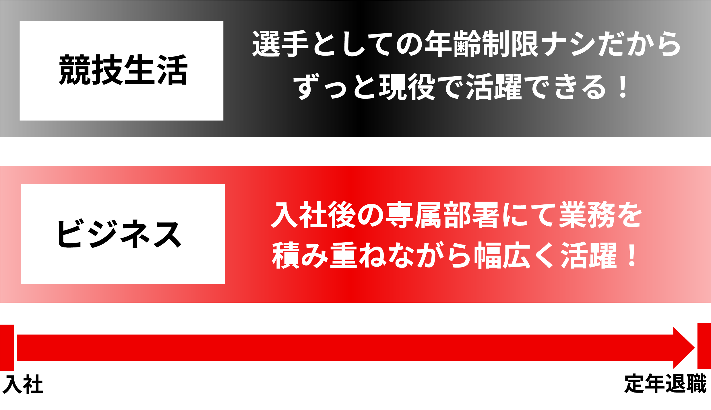 競技生活:選手としイェの年齢制限なしだからずっと現役で活躍できる! ビジネス:入社後の専属部署にて業務を積み重ねながら幅広く活躍!